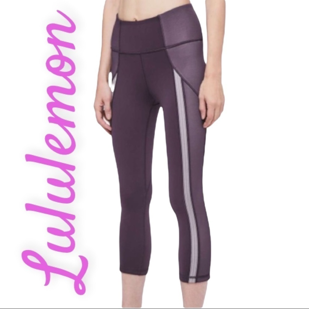 LULULEMON CYBER DARK CHROME PRUPLE POWER LINES CROPPED LEGGINGS YOGA RUNNING 10